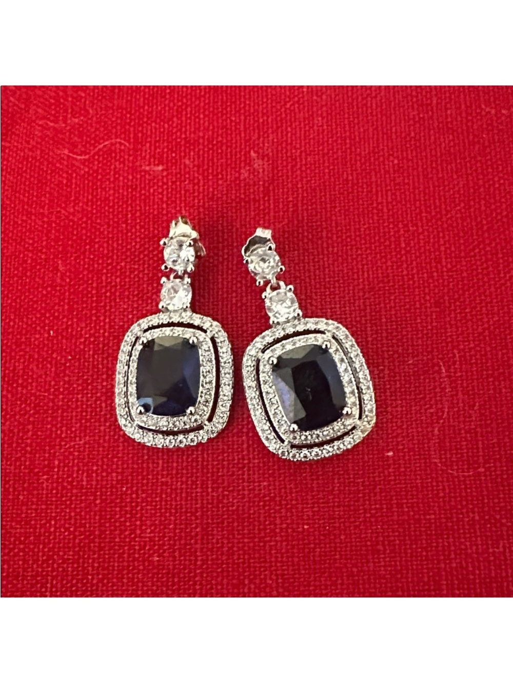 Silver Crystal Drop Earrings with Deep Blue Gemstones